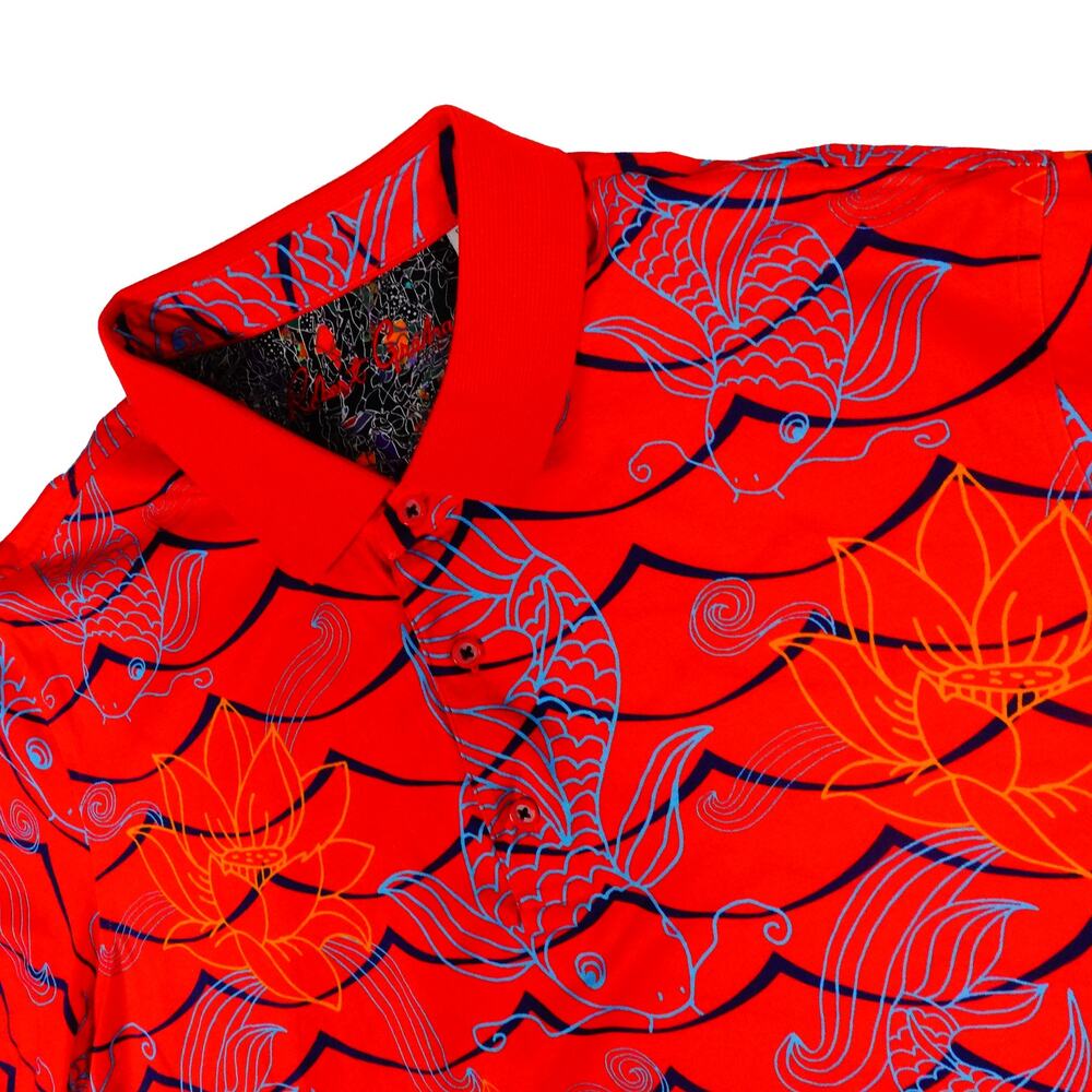 Robert Graham Red Polo with Blue Koi & Orange Lotus Print